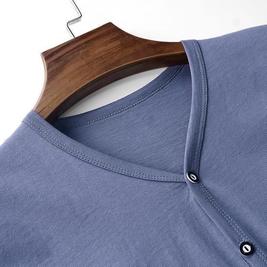 Men Button Down T-shirt Solid Color V-Neck Short Sleeve Tee Shirt Summer Casual