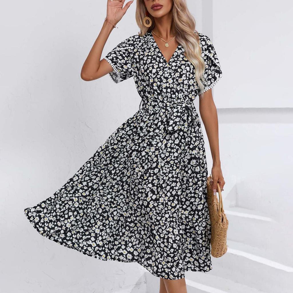 Женское летнее платье с короткими рукавами и высокой талией в этническом стиле на шнуровке