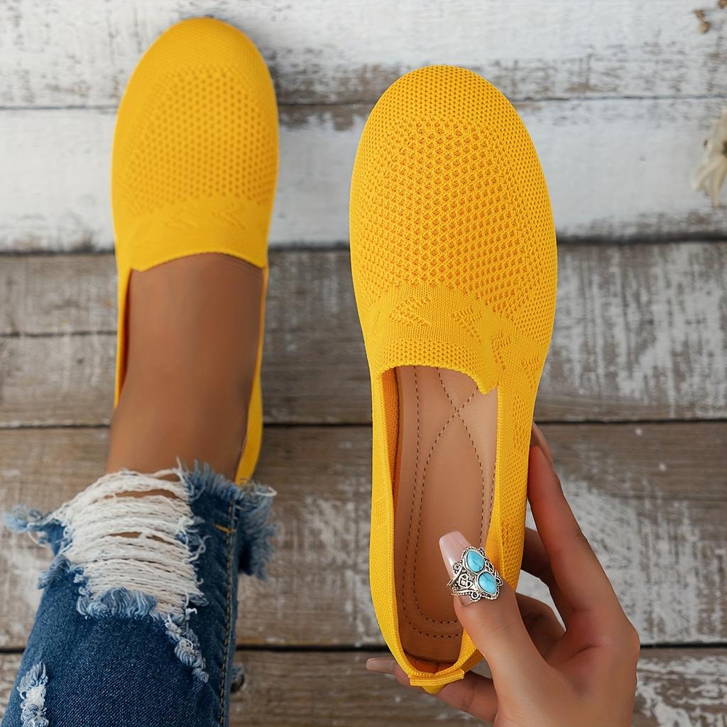 Flat Round Toe Knitted Shoes, Women's Solid Color Slip On Walking Mesh Shoes, Breathable Daily Footwear