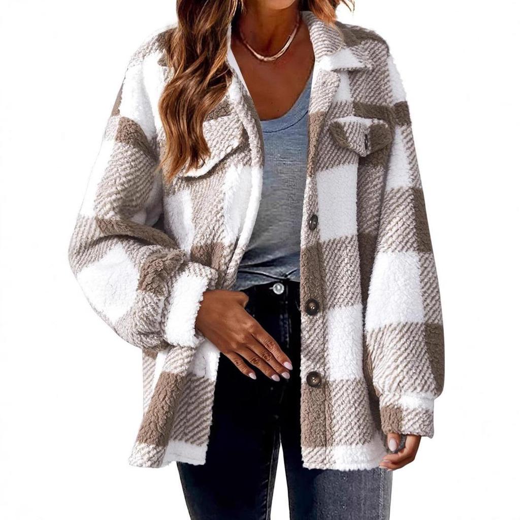 Plaid Pattern Lapel Button-Down Plush Coat for Autumn and Winter