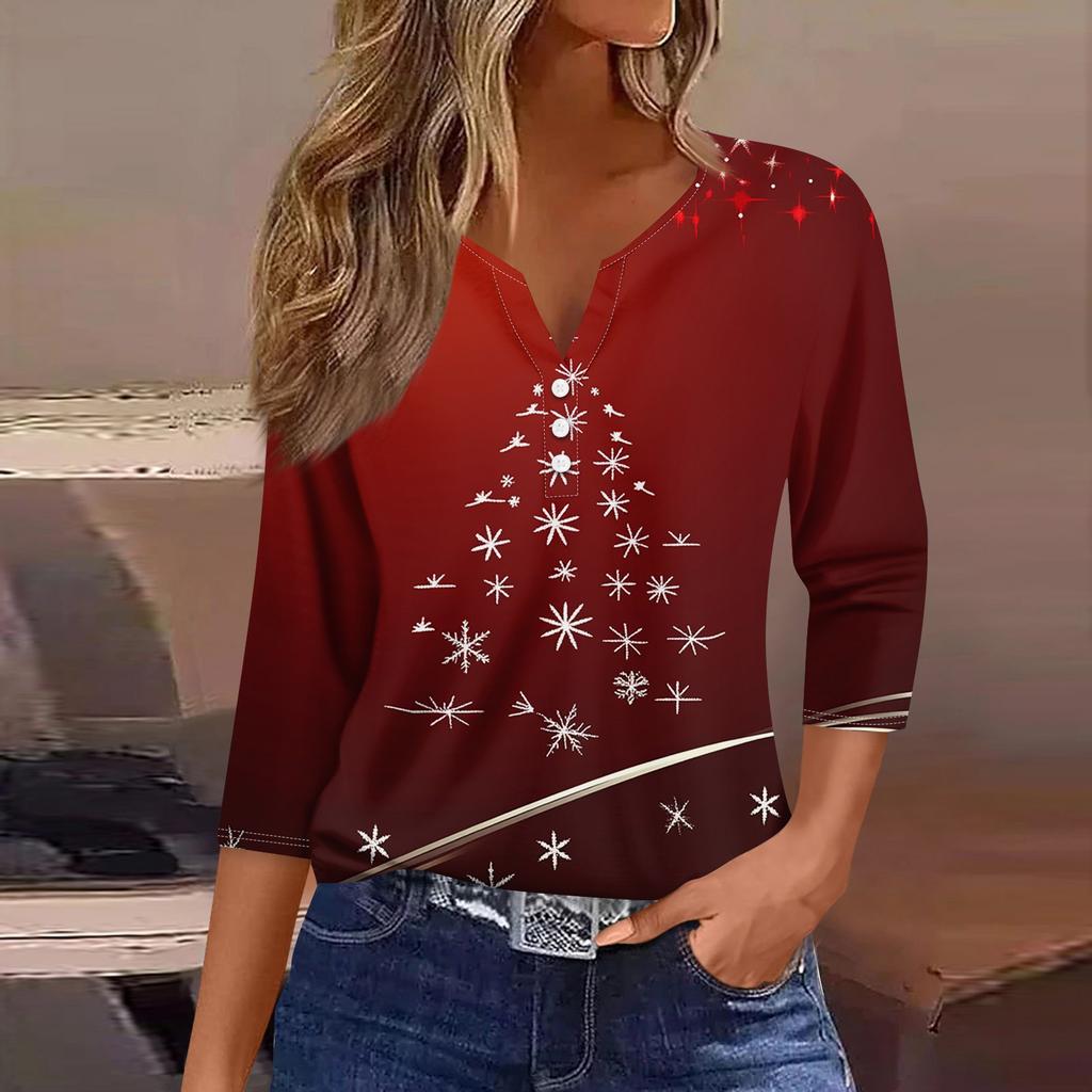Жен. Футболка Футболка С принтом Пуговицы Рукав 3/4 Повседневные Выходные Мода Классический V-образный вырез Обычный Топ