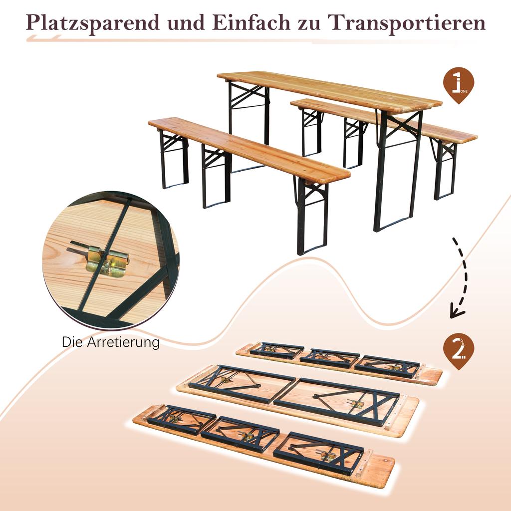 Foldable beer tent set 177 cm, 3-piece: 1 folding table + 2 beer benches, weatherproof solid pine, space-saving, beer table set festival tent garden