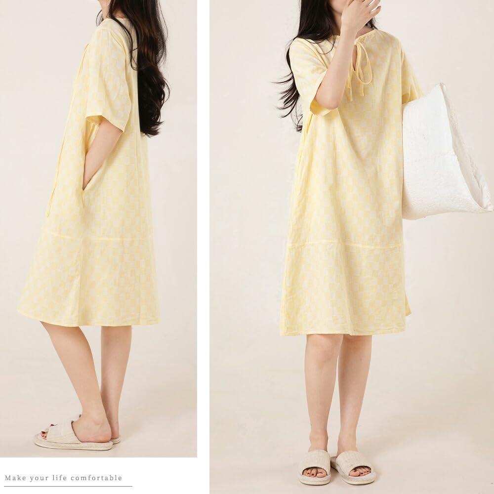 Yes Family Cotton Double Gauze Pajama Check Size Yellow Women's 100% Dress, Knee-Length, Flattering, Stylish, Pattern, XL,
