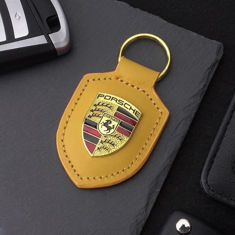 High Quality PU Leather Car Keychain Shield Alloy Keyring Pendant Gift For Porsche Cayenne Panamera Macan Boxster Cayman Sticker CY5