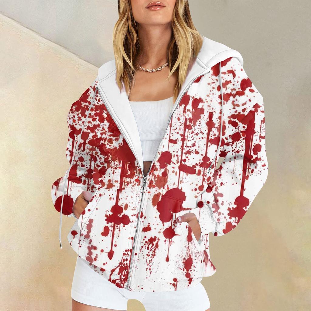 Women's Fashion Casual Halloween Printed Sweatshirt Autumn Winter Long Sleeve Cardigan With Pockets Zipper Hoodie Jacket