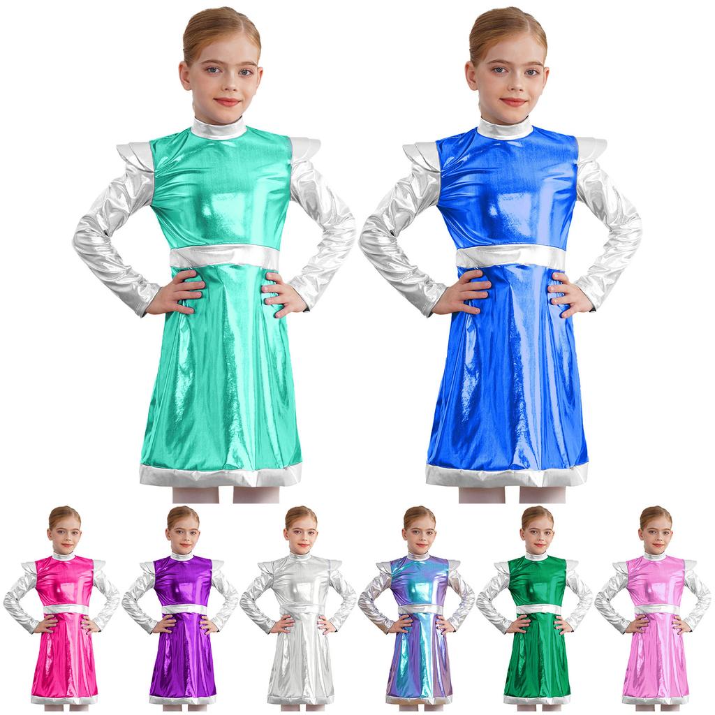 Костюм Космическая Милашка для Девочки: Мерцающее Пэчворк-платье с инопланетным дизайном из ПУ для Хэллоуина и Sci-Fi Ролевых Вечеринок