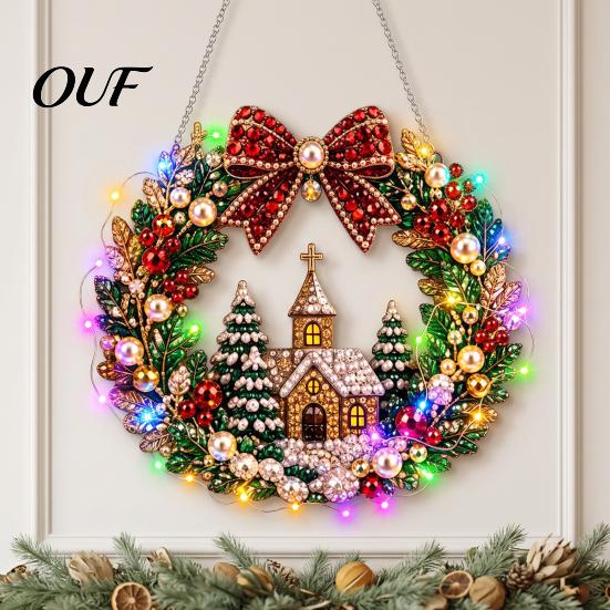 Festive Mantelpiece Ornament DIY Acrylic Christmas Faux Pearl Art Hanging Kit, Lighted Wreath 3D Beaded Craft Artisan Gift for Crafters Kit