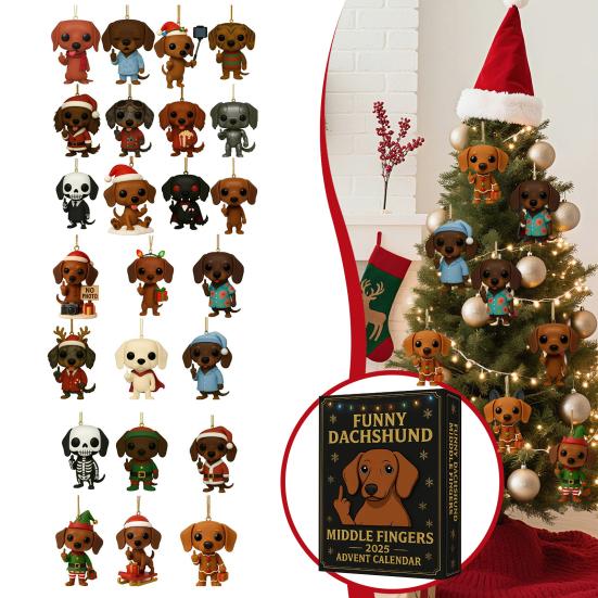 Адвент-календарь Такса 2025 Смешная такса с средним пальцем Коллекционные подвески Отсчет 24 дня до Рождества Украшение для любителей собак