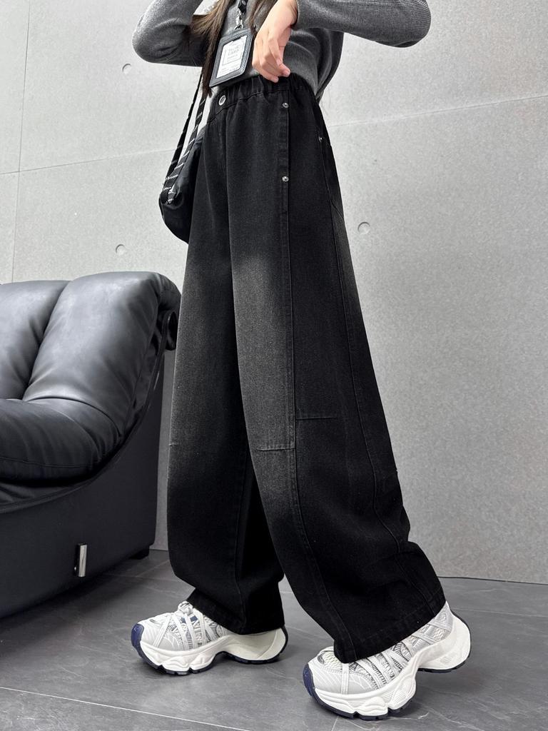 Черные джинсы для девочек - Весна/Осень 2025, Модный свободный крой с вариантами изогнутых или прямых штанин.