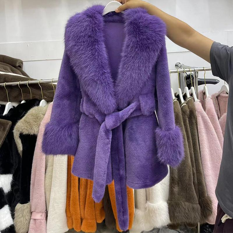 Однотонное искусственное меховое пальто средней длины для женщин, зимнее, с большим воротником из искусственного меха лисы и длинными рукавами, парки, модная верхняя одежда