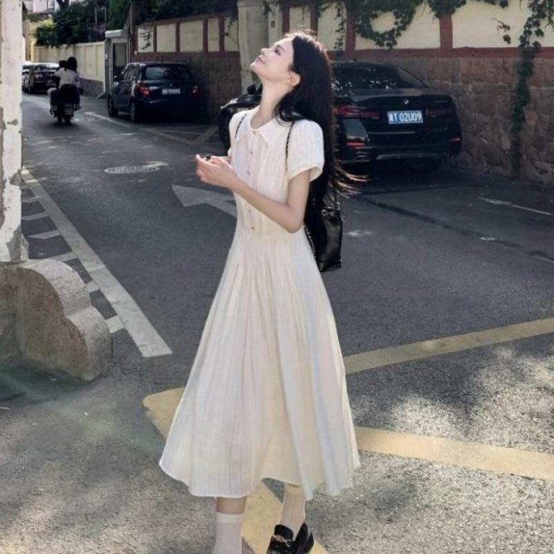 2026 Womens White Puff Sleeve Maxi Dress High Waist Slim Fit Casual Party