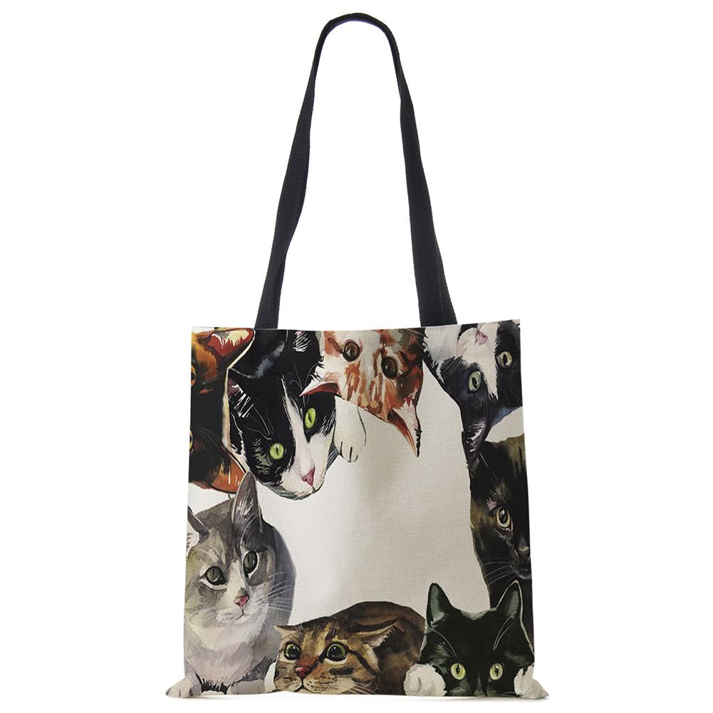 Персонализируйте Милый Акварельный Принт с Кошкой Женские Дизайнерские Холщовые Сумки Тканевые Эко Многоразовые Сумки-Шоперы Сумки на Плечо Школьная Сумка для Книг KTY
