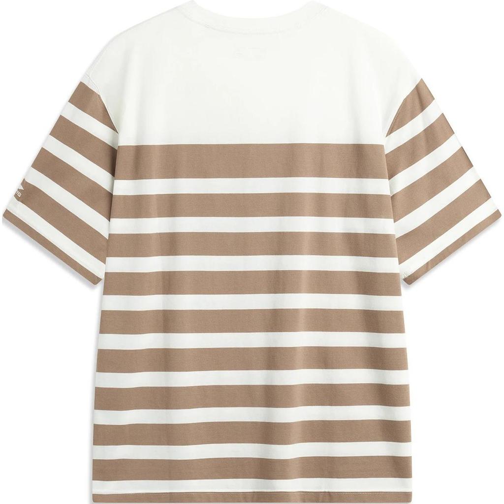 Li-Ning Удобная повседневная полосатая футболка с коротким рукавом и круглым вырезом, мужские топы, цвет: белый, какао-коричневый, AHSU299-2