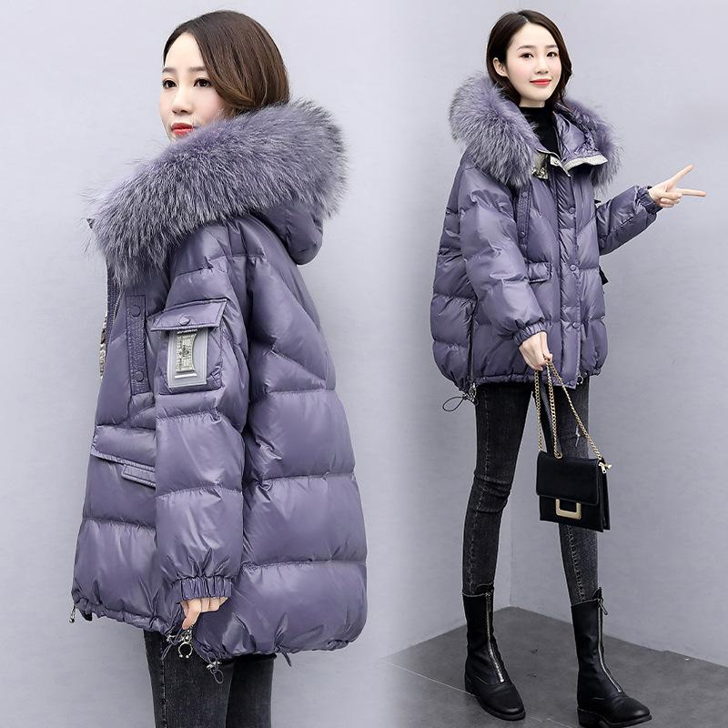 Зимняя теплая пуховая хлопковая куртка с меховым воротником и капюшоном, свободное женское утепленное пальто