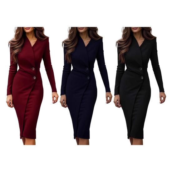Женское платье-футляр с длинным рукавом, облегающее фигуру, с V-образным вырезом, деловое, для коктейльной вечеринки, рабочее, длиной до колена, миди, платье-запа́х