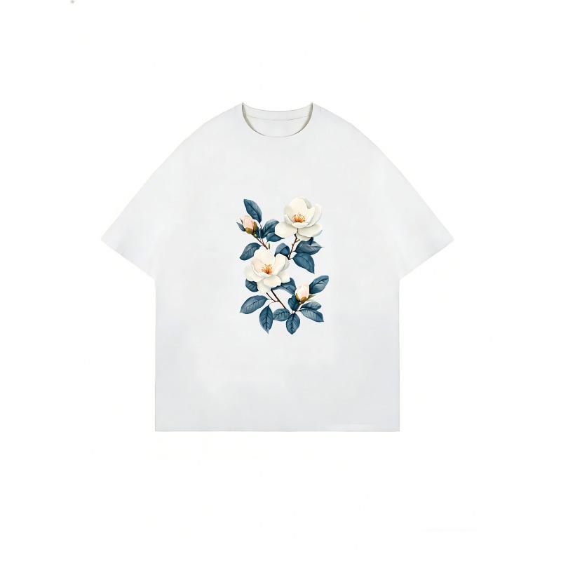 Платье-футболка оверсайз с принтом цветка магнолии черного цвета для повседневной носки