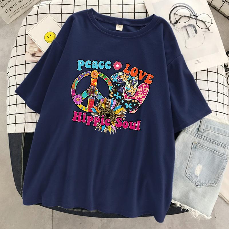 Женская футболка с принтом Peace Love Hippie Soul, летний прохладный топ с коротким рукавом, уличная свободная одежда