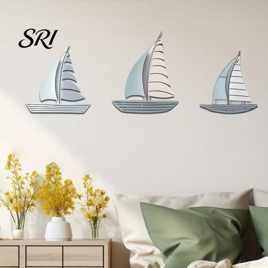 Coastal Wall Hanging 3Pcs/Set Wooden Sailboat Art Nautical Sailing Ship Beach Lake House Decoration Living Room Bathroom Theme Decor Solid Wood