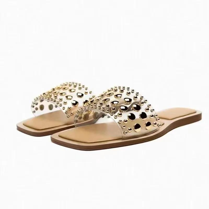 Fashion 2024 Summer Women's Shoes PVC Transparent Riveted Casual Flat Open Toe Beach Slides Trend Brand Design Big Size Ladies Slippers