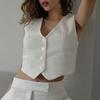 Summer Women V Neck Sleeveless Waistcoat Single Breasted Small Pockets Slim Fit Solid Color Cropped Vest Coat Workwear