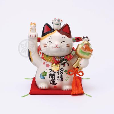 Saidougama Yakushi Расписной Счастливый Кот Chirimen 7595 Белая Фигурка с Ошейником