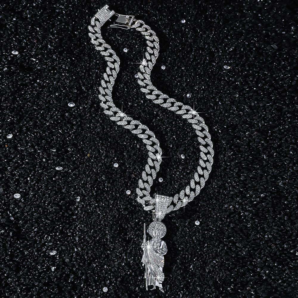 Хип-хоп Мужской Блестящий Ледяной Кристалл Майами Кубинская Цепь Ожерелье Для Женщин Сан Иуда 13мм Кубинская Цепь Религиозные Ювелирные Изделия Подвеска Подарок