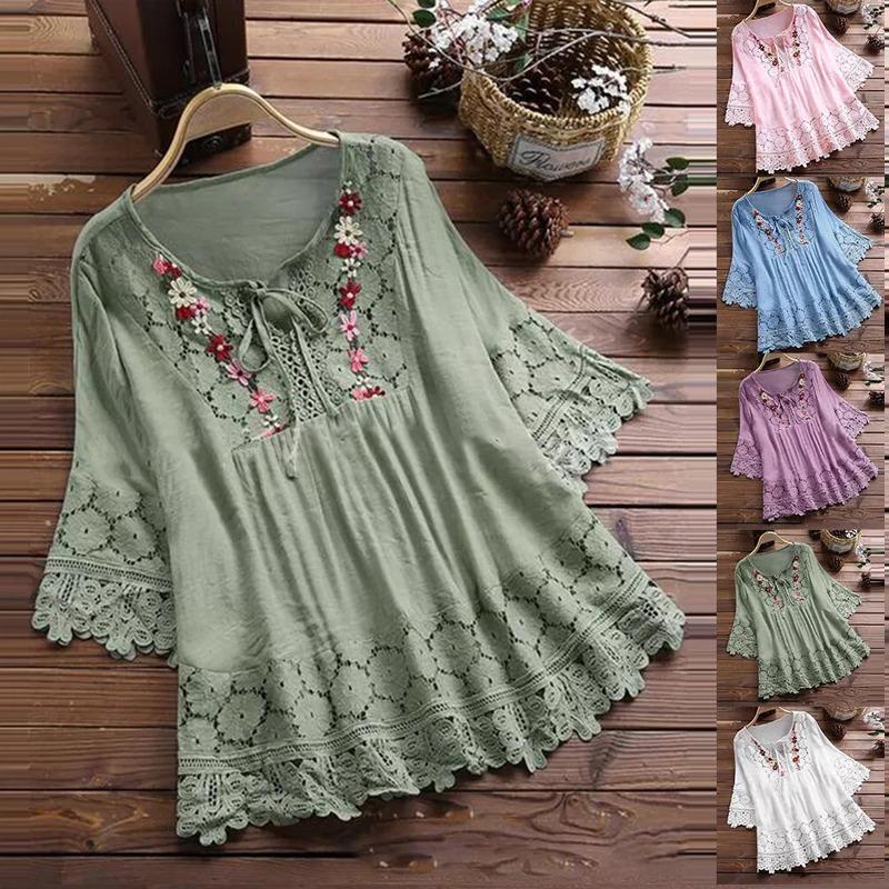 Summer Women's Lace T-shirt Floral Mini Dress Cotton Five-point Sleeve V-neck Loose Casual Bohemian Style T-shirt Top