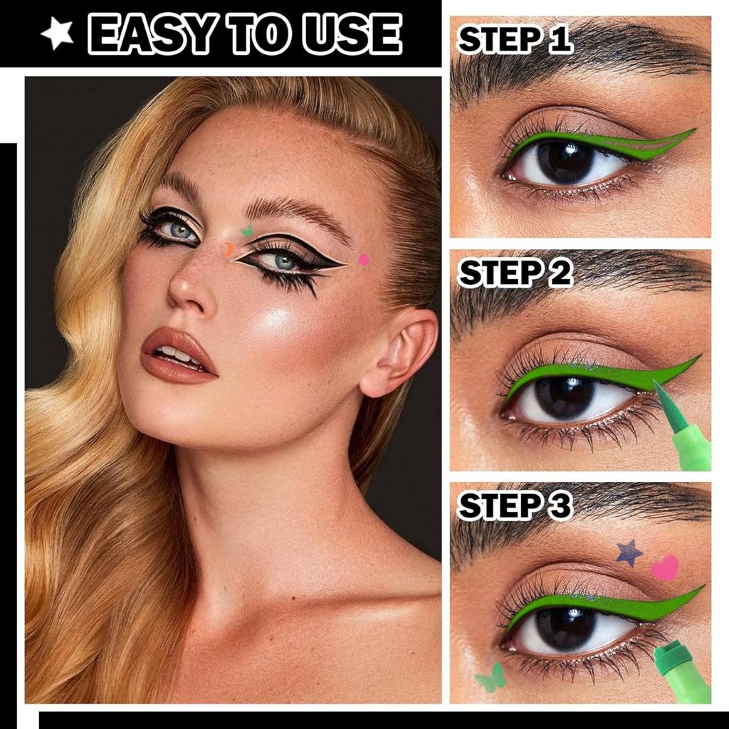 Набор из 4-х цветных ручек-штампов для подводки глаз - водостойкий, матовый. Двусторонний трафарет с крыльями для легкого макияжа век. Длительный срок службы.