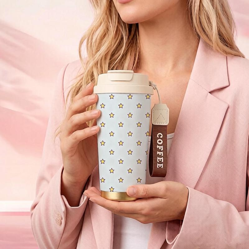 Coffee Mug 532ml Five-point Star Element Lanyard Insulated Cup Heat Proof Travel Cup Gift Cup Leakproof Hand Cup Large Capacity Cup