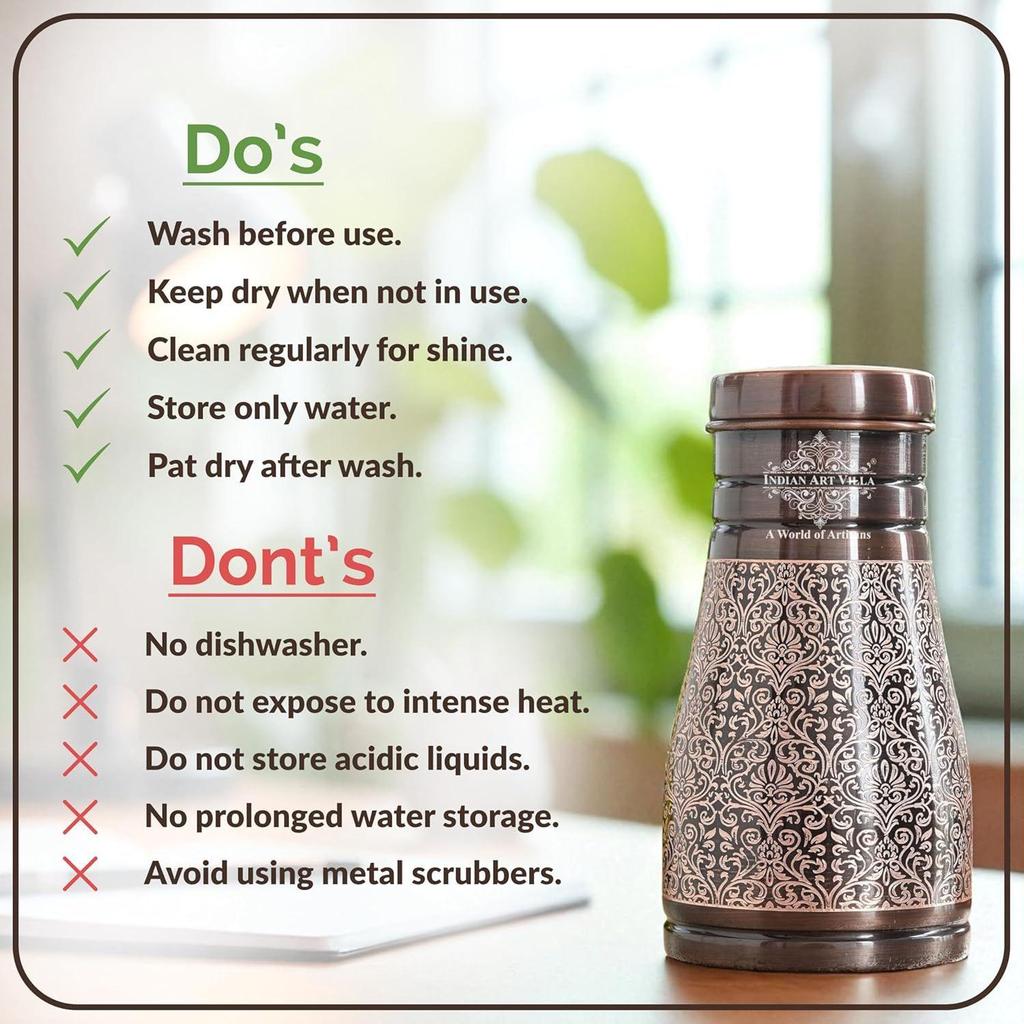 Бутылка для воды из чистой меди со встроенным стеклом, темный рельефный дизайн, графин на тумбочке, аюрведические преимущества для здоровья, 950 мл (Пакет из 1)