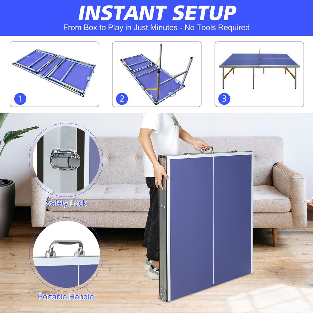 Foldable table tennis table with net and bat set, suitable for outdoor/indoor use, blue surface, includes 2 bats and 3 balls, stable 6-leg design