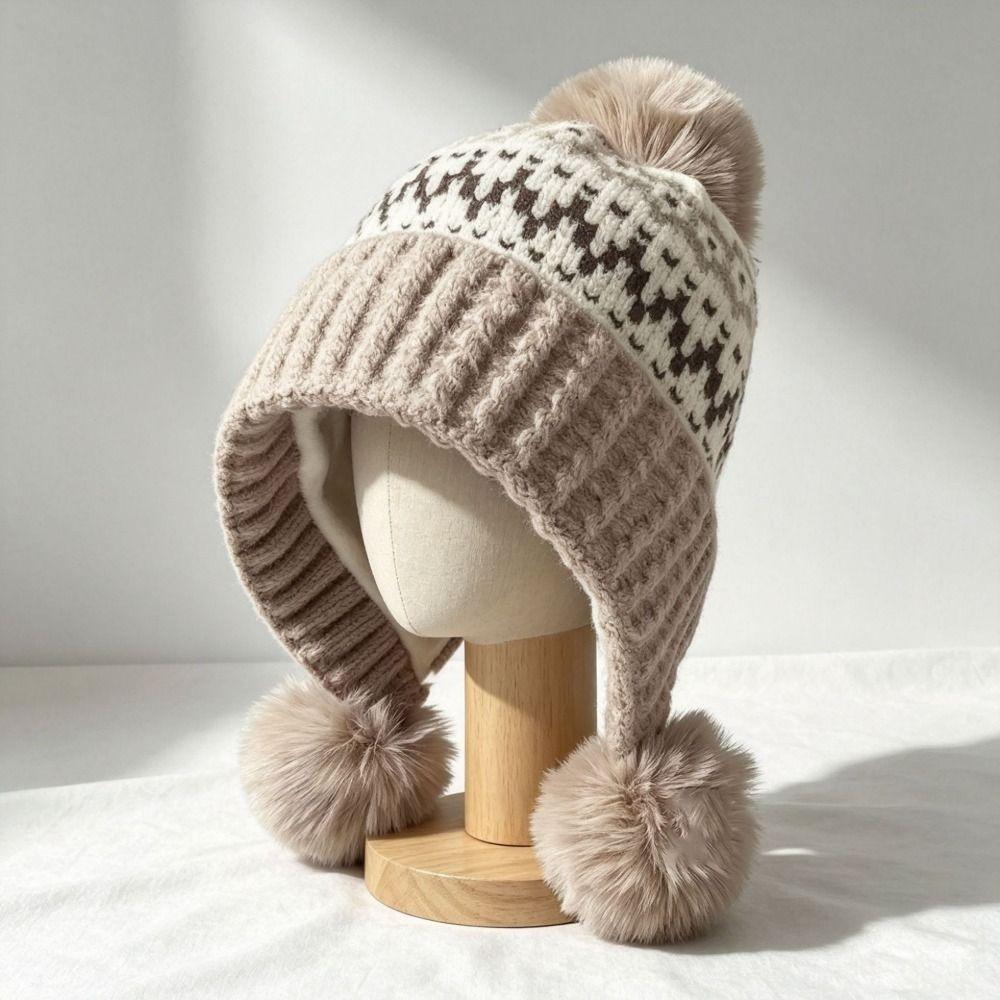 with Pom Poms Ear Flap Knitted Hat Ear Protection Winter Knit Hat Cold Proof Hat For Women