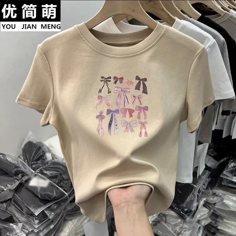 Women Multi Bowknot Graphic Crew Neck Short Sleeve Casual T-shirt