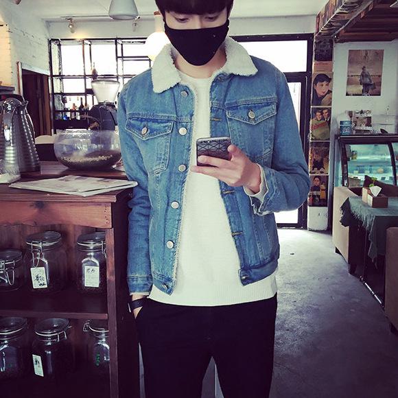 Мужская зимняя джинсовая куртка в стиле ретро с меховым воротником и подкладкой из овечьей шерсти