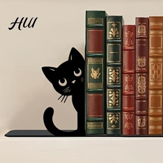 Rounded Corner Bookend 2Pcs Black Cat Bookends for Shelves, Cute Metal Book Holder Kids Room Desk, Heavy Duty Non-Slip Stopper Home Office Decor