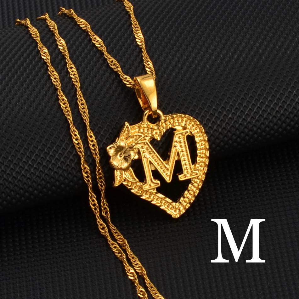 Anniyo 1Piece / A-Z Heart Letters Pendant Necklaces For Women Girls Charm Flower Initial Jewelry Alphabet Chains African #232706