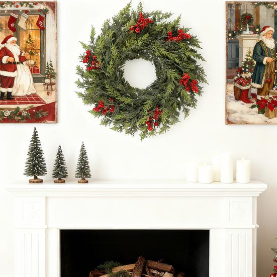 24 Inch Christmas Norfolk Pine Wreath for Front Door Artificial Greenery Cedar Wreath with Red Berry for Farmhouse