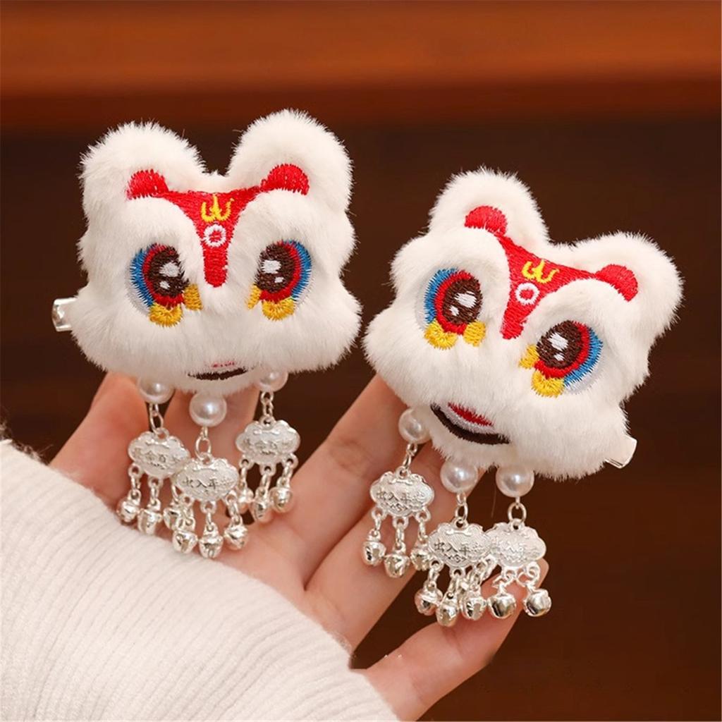 1 Pair Chinese Style Plush Dancing Lion Doll Hair Clips Tassels Cartoon Hairpins Alligator Clips Hanfu Hair Accessories