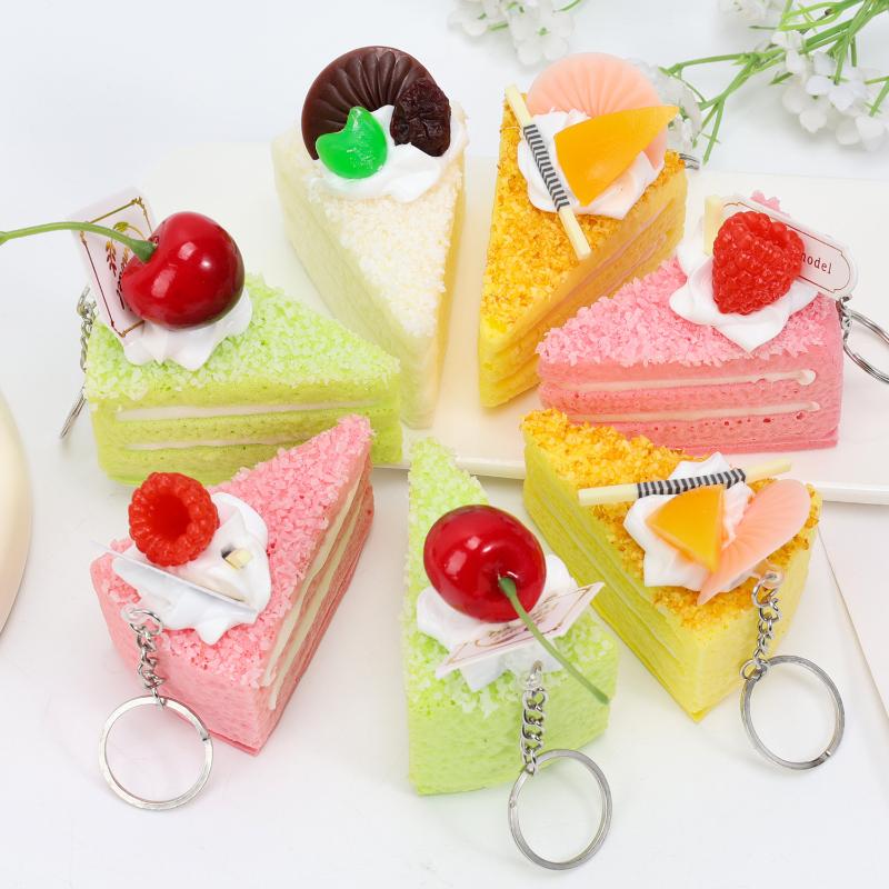 Realistic Triangle Cake Key Ring With Fruit Toppings Cute Food Shape Charm for School Bag Decor Student Birthday Gifts