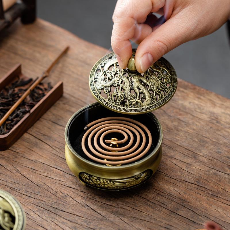 Antique Gold Tripod Carved Copper Incense Burner for Home Zen Tea Ceremony