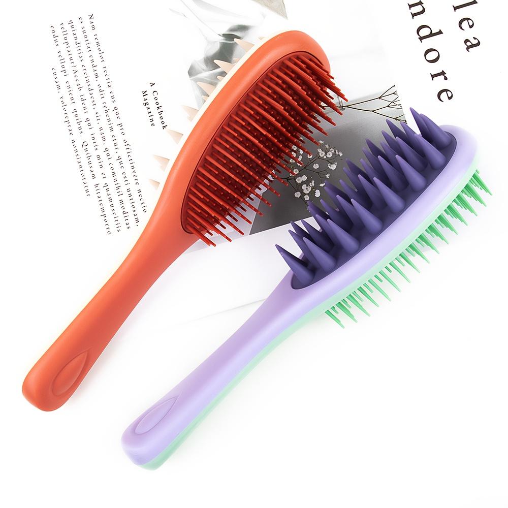 Long-Handle Double-Sided Shampoo Brush with Silicone Bristles and Handle, Dual-Use Wet and Dry Hair Washing and Massage Brush