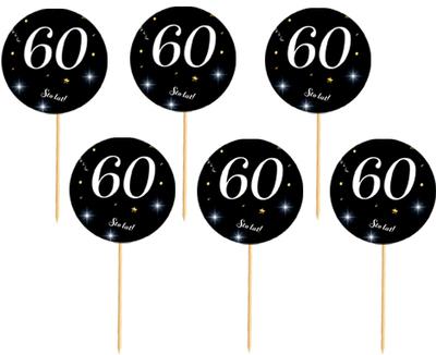 Toppers 60th Birthday Black Background White Lettering 6 Pcs