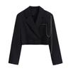 Women Short Suit Coat Double-breasted Chain Decor Long Sleeve Cardigan Lapel Notch Collar Loose Solid Color Thin Formal Business Style Lady Jacket