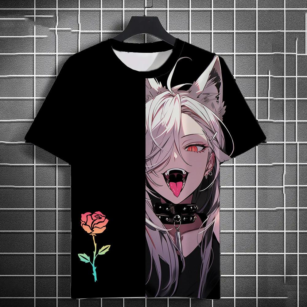 Летние аниме-футболки с принтом роз для девочек в стиле 3D, уличная одежда для мужчин, модные футболки большого размера с коротким рукавом и круглым вырезом, футболки, топы, одежда