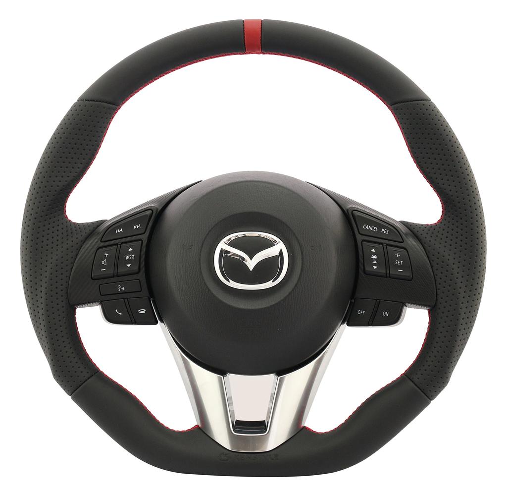 KENSTYLE Original Steering Wheel MA08 for Mazda Axela (BM/BY Series) 2013/11-2016/6, Black Leather with Red Line (Red Stitching), All Nappa Leather
