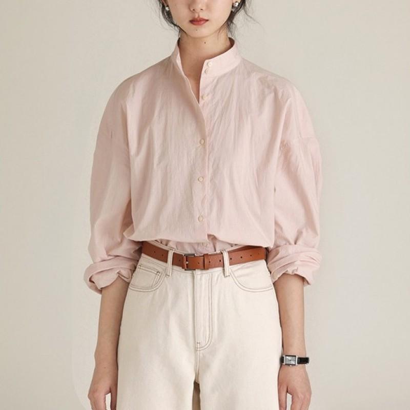 2026 /Winter Stand Collar Shirt Loose Fit Solid Color Long Sleeve Casual Top Women