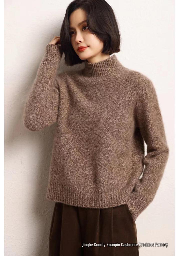 Autumn/Winter Thickened Half-High Collar Fancy Yarn Cashmere Pullover - Short Style Korean Loose Knit Sweater for Women