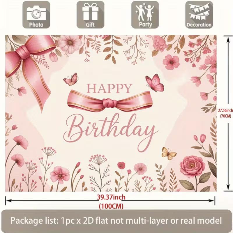2D Butterfly Floral Happy Birthday Backdrop Soft Pink Bow Background for Women Birthday Party Photo Booth