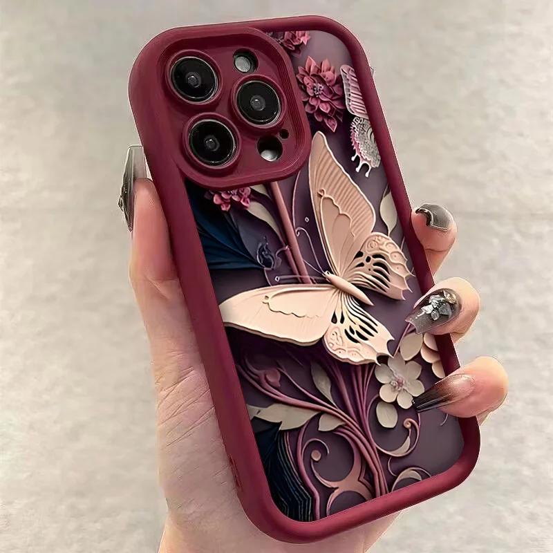 Чехол-бабочка бордовый, из мягкого силикона, с ребрами, для iPhone 15 14 13 12 11 16 Pro Max XS X 7 8 Plus, противоударный защитный чехол для телефона