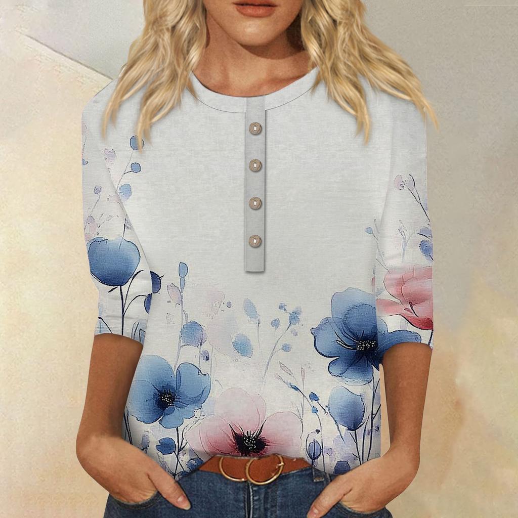 Женская мода повседневная 3/4 рукава цветочный принт пуловер круглый вырез топ повседневная одежда